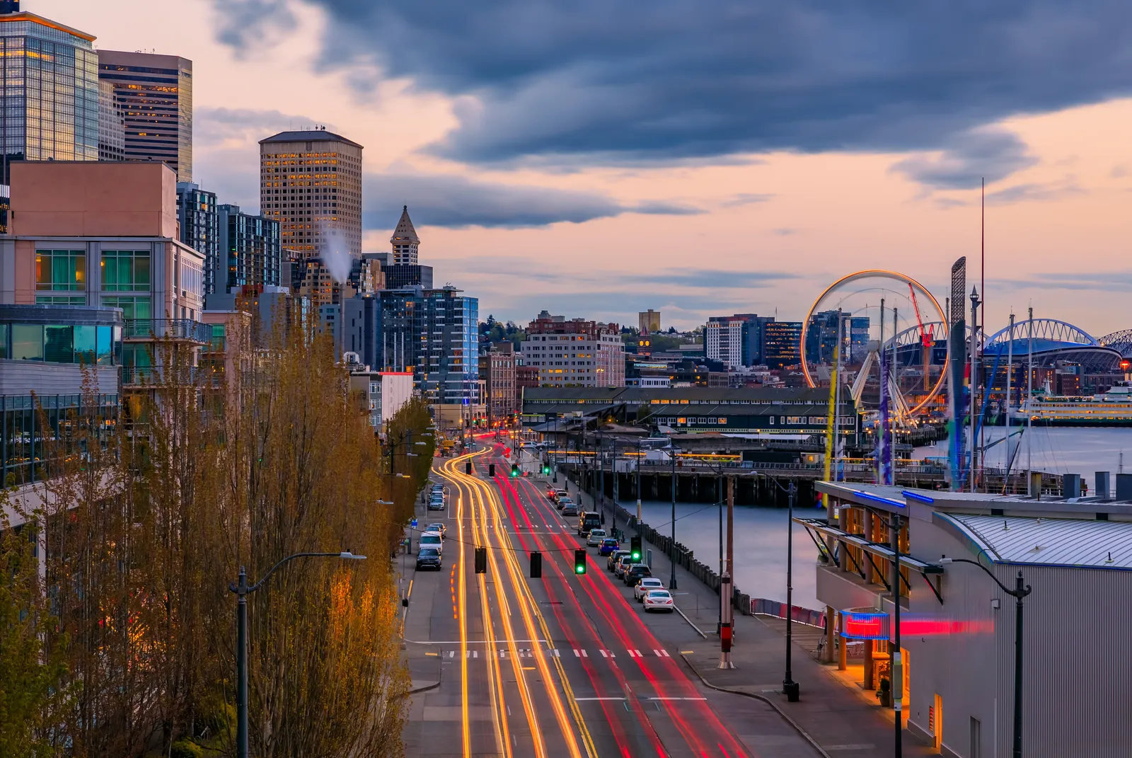 Seattle waterfront and skyline at sunset